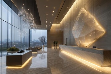 Wall Mural - minimalist office lobby with floating geometric sculptures floortoceiling windows ethereal light streaming through translucent partitions sleek reception desk