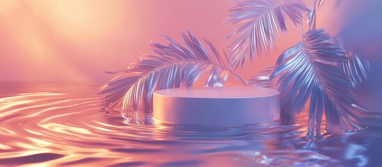 Surreal scene featuring holographic palm leaves and a podium floating on a rippling water surface 3D illustration