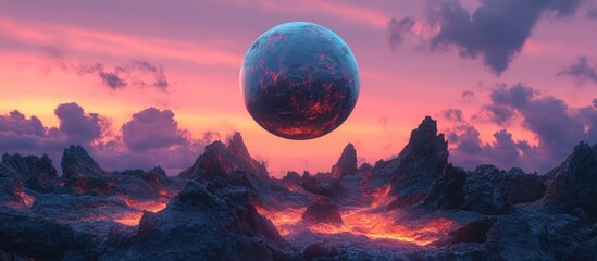 Wall Mural - Surreal artistic design featuring a planet hovering over a volcanic stone landscape presented as an abstract and realistic 3D illustration