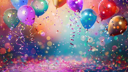 Wall Mural - The background for a celebration features a burst of bright colors with confetti, balloons, and festive streamers.