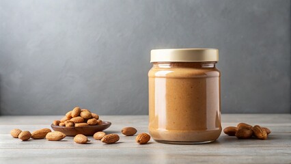 nut butter jar mockup with a blank label, featuring peanut and almond flavors.