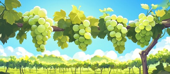 Bunches Of Green Grapes Hanging On Vines In A Vineyard On A Sunny Day