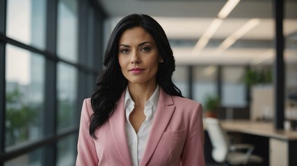 adult black hair white woman in pink formal attire model portrait looking confident on an office background for ad concept space for text