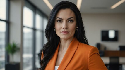 adult black hair white woman in orange formal attire model portrait looking confident on an office background for ad concept space for text