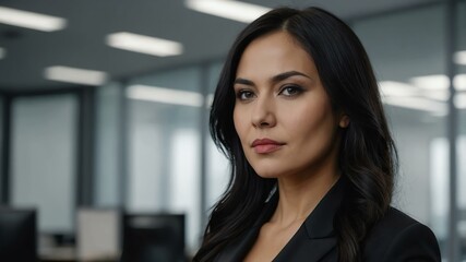 adult black hair finnougric woman in black formal attire model portrait looking confident on an office background for ad concept space for text