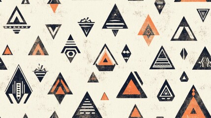 Geometric seamless pattern with retro design elements featuring tribal ornaments and sacred line art Triangle graphics set against a paper texture creating a mysterious ethnic style