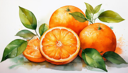 Wall Mural - Vibrant watercolor painting of fresh oranges isolated on white. Tasty and healthy citrus fruit.