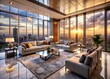 © Sirinporn - Luxurious modern living room with sleek furniture, marble accents, and floor-to-ceiling windows showcasing a stunning
