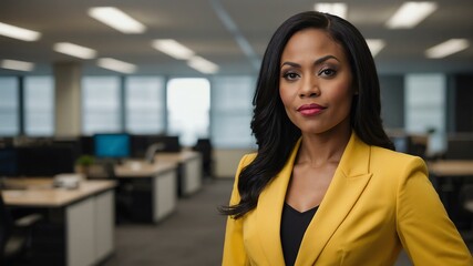 adult black hair american woman in yellow formal attire model portrait looking confident on an office background for ad concept space for text