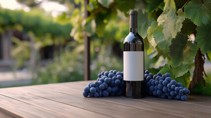 Red Wine Bottle with Grapes in Vineyard