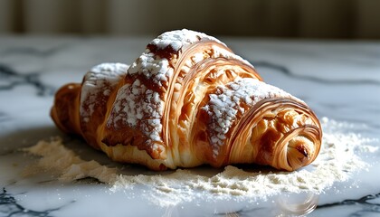 Wall Mural - Upside Down Croissant on Marble Countertop with Soft Flour Dust Background