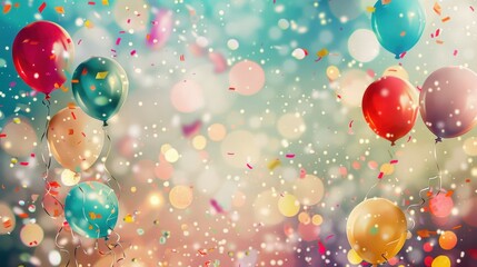 Wall Mural - The celebration background displays a lively arrangement of colorful confetti, bright balloons, and shimmering lights.