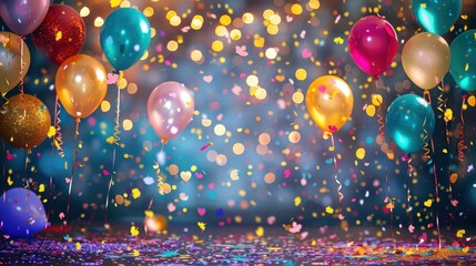 the celebration background is adorned with colorful balloons, twinkling fairy lights, and an array o