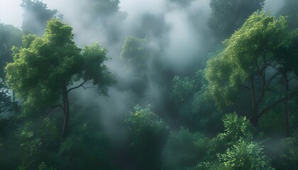 Aerial view of misty forest enveloped in fog, showcasing lush greenery and serene natural ambiance