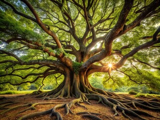 Majestic ancient tree's gnarled roots twist and turn, exposing a labyrinthine network of woody tendons that grasp the