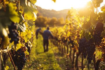 Poster - Rustic Autumn Vineyard Scene with Workers Harvesting Grapes  