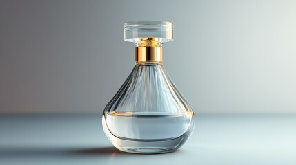 High-resolution photo of a clear glass perfume bottle with gold cap, smooth lines, elegant design, solid background