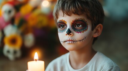 A boy wearing Day of the Dead makeup, lighting a candle at a vibrant ofrenda, Kid Lighting Candle with Makeup, Heritage celebration through remembrance