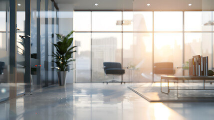 Beautiful blurred background of a light, modern office interior with panoramic windows and elegant lighting