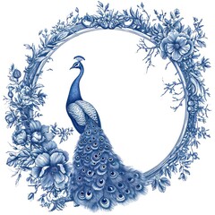 Canvas Print - Circle frame of peacock and flower pattern bird blue.