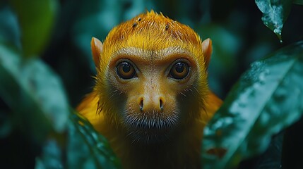 Wall Mural - A close-up of a small monkey with bright yellow fur and big brown eyes staring directly at the camera.