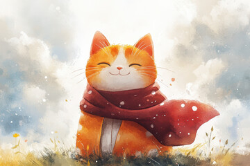 A cute smiling red and yellow cat dressed in robes with white dots, wearing an oversized maroon cape that is blowing back from the wind, painted by children using watercolor paint on paper.