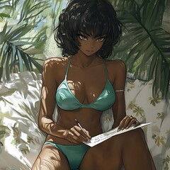 Wall Mural - Woman in Bikini Writing on Paper in Tropical Setting.