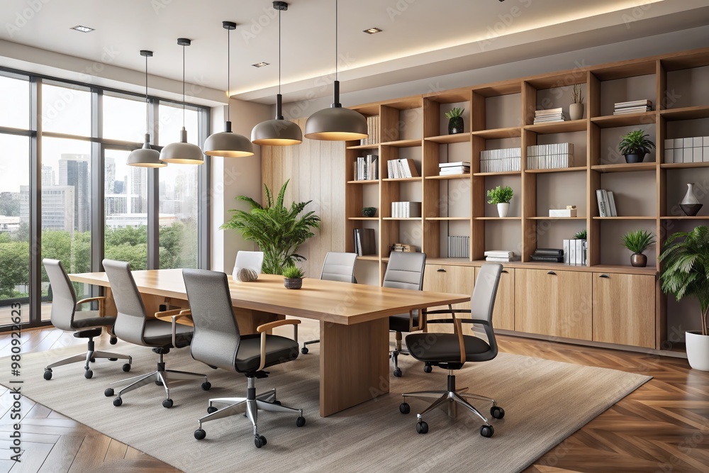 Modern, minimalist office interior with sleek, modular furniture system ...