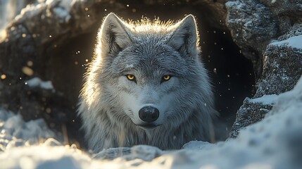 Wall Mural - A majestic arctic wolf with piercing yellow eyes emerges from a snow-covered cave, illuminated by the warm glow of the sun.