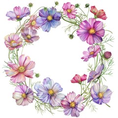 Wall Mural - Colorful Floral Wreath with Pastel Cosmos Flowers and Greenery on White Background