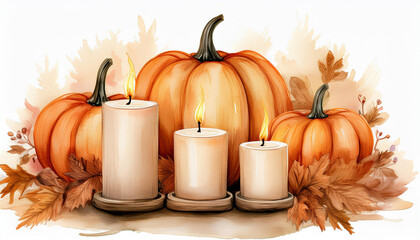 Wall Mural - Watercolor painting of burning candles and orange pumpkins isolated on white. Autumn season.