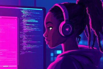 Poster - Woman programmer with headphones looking at code on computer screen in a dark room with neon lights.