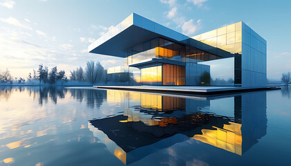 Modern abstract architecture reflected in the lake with a bright sky background and minimal art style.