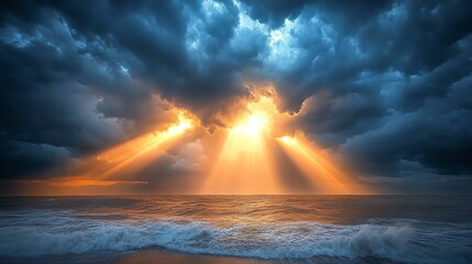 Dramatic sunset with sunbeams breaking through dark clouds over ocean waves.