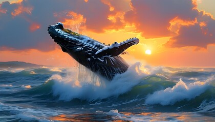 Whale leaping against a dramatic summer stormy ocean with a vibrant sunset illuminating the scene.