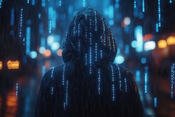 mysterious hacker silhouette amid glowing lines of code dark atmospheric composition with eerie blue light illuminating anonymous figure concept of cybercrime and digital threats