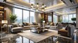 © Sirinporn - Modern 3D visualization of a luxurious living room with sleek furniture, marble floor, and large windows, showcasing