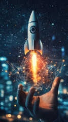 Aufkleber - Businessman is launching a rocket from a network globe, symbolizing business startup and growth