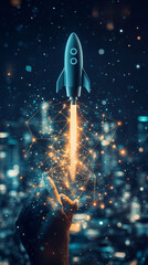 Aufkleber - Businessman launching a rocket from his hand with network connection effect on a blurred city background