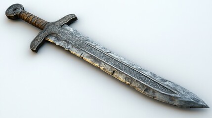 A detailed, metallic sword with an ornate design and grip.