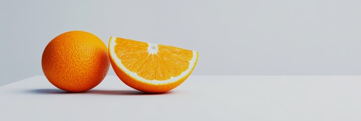 The orange image represents fresh fruit and vitamin-rich nutrition in a 3D illustration