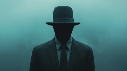 Wall Mural - A man in a black suit and hat is standing in front of a foggy background