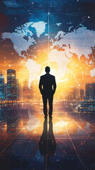 Poster - Businessman standing in front of a digital world map with interconnected continents against a futuristic city backdrop