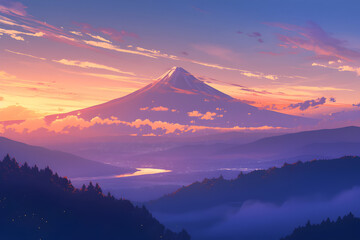 Poster - Anime style, Mountain range silhouetted against the fiery colors of an autumn sunset, with low-hanging clouds tinged pink and orange above the horizon