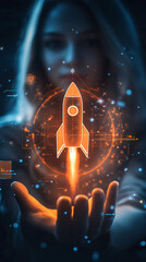 Aufkleber - Successful startup business launch is represented by a businesswoman holding a holographic rocket taking off