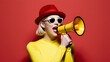© SkyRebeL - Make Your Voice Heard: A vibrant woman in a yellow outfit, red hat, and sunglasses holds a yellow megaphone, her confident expression and bold pose convey a message of power and empowerment.