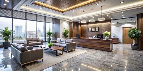 Modern corporate office interior with sleek furniture and contemporary decor, featuring a large reception desk and