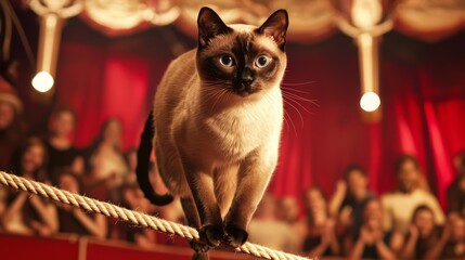 Graceful Siamese Cat Tightrope Walker wows Circus Audience