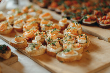 Shrimps canape sandwich on wooden board