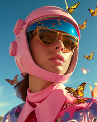 Wall Mural - Close-up of a woman wearing a pink astronaut helmet adorned with butterflies. Futuristic fashion concept blending space aesthetics with nature's beauty.